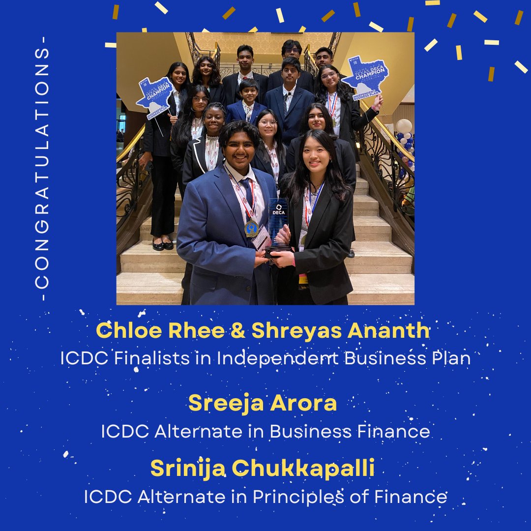 Congratulations to our Lion DECA competitors for advancing to ICDC in Orlando! Congrats to Chloe Rhee and Shreyas Ananth for advancing to internationals in Independent Business Plan. Also congrats to Sreeja Arora and Srinija Chukkapalli for being alternates for ICDC! <a href="/LeanderHS/">Leander High School</a>