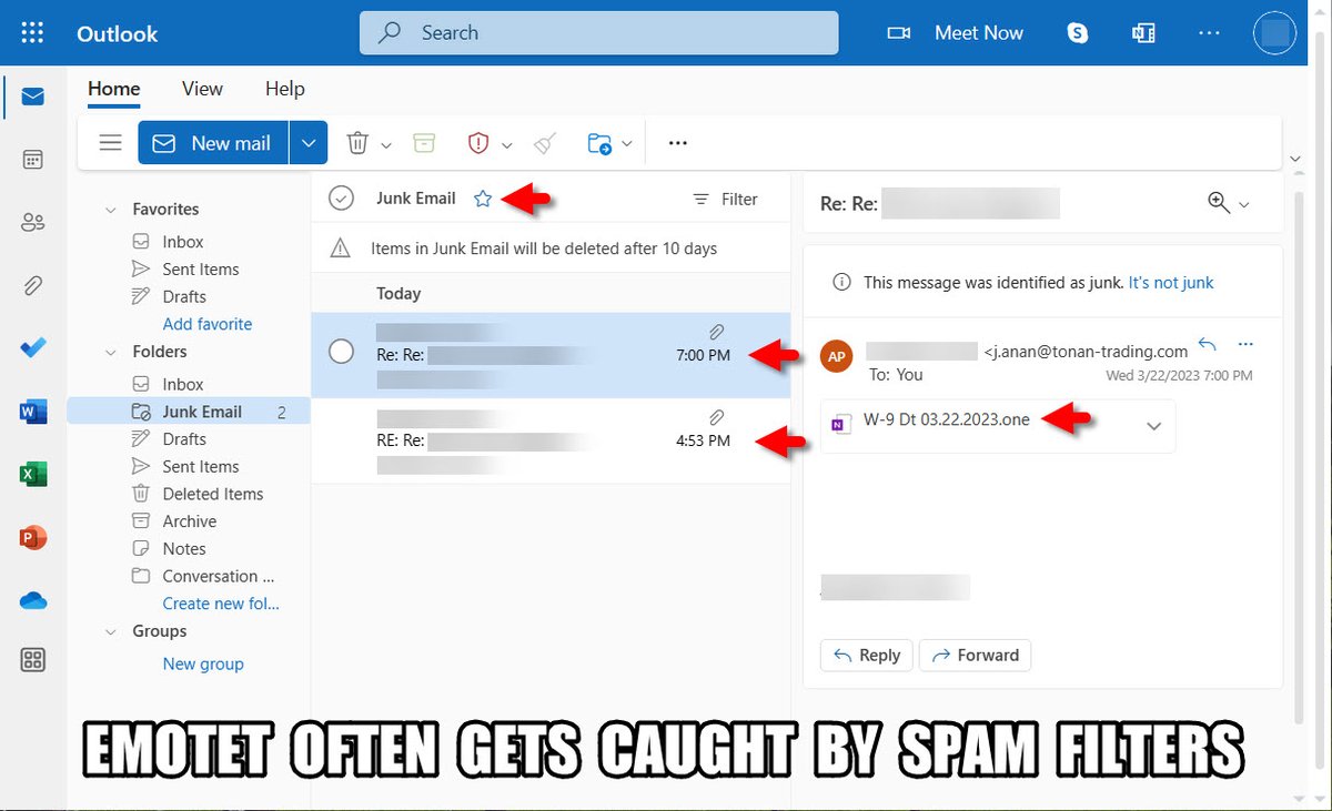 Unit42_Intel's tweet image. 2023-03-22 (Wed): What do #Emotet emails look like? They're often caught by spam filters but can make it to your inbox. Thread-hijacked or generic messages spoofing people you've previously received emails from. IoCs from five recent epoch 4 examples: bit.ly/3LOA7BN