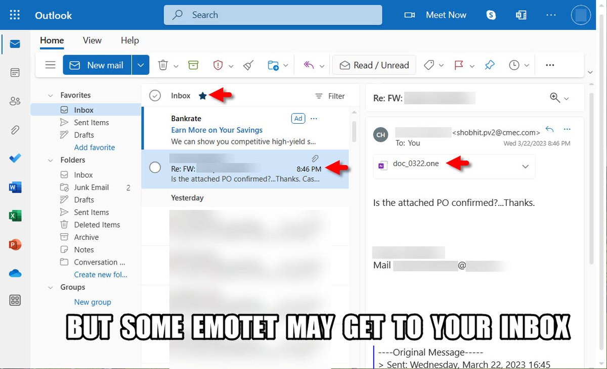Unit42_Intel's tweet image. 2023-03-22 (Wed): What do #Emotet emails look like? They're often caught by spam filters but can make it to your inbox. Thread-hijacked or generic messages spoofing people you've previously received emails from. IoCs from five recent epoch 4 examples: bit.ly/3LOA7BN
