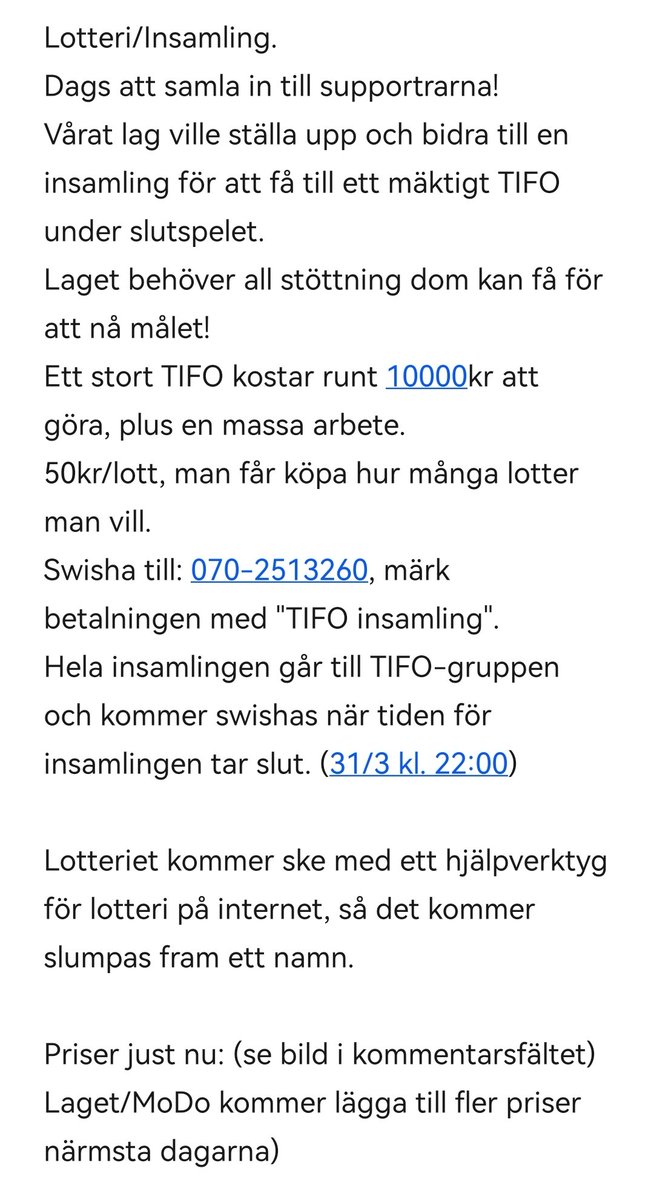 Insamling/lotteri till ett TIFO!
#Modose
