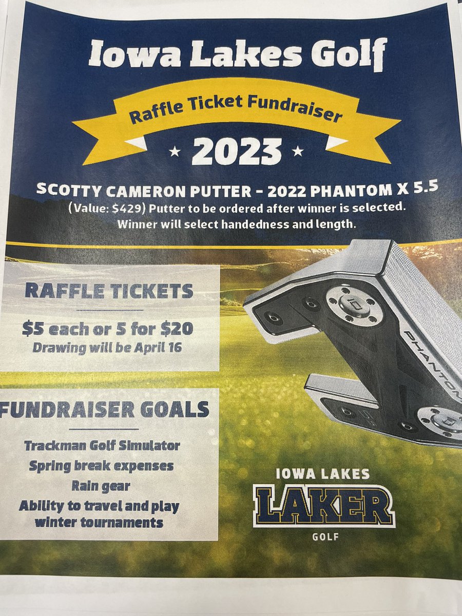 IowaLakes_Golf's tweet photo. 🚨SCOTTY CAMERON RAFFLE🚨

Proceeds go directly to the golf program for important resources/upgrades! There’s no limit to how many raffle tickets you can buy!

DM me or call/text 712-298-1221 https://t.co/WFm0oGO1vz