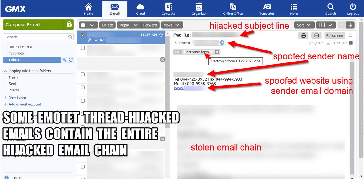 Unit42_Intel's tweet image. 2023-03-22 (Wed): What do #Emotet emails look like? They're often caught by spam filters but can make it to your inbox. Thread-hijacked or generic messages spoofing people you've previously received emails from. IoCs from five recent epoch 4 examples: bit.ly/3LOA7BN