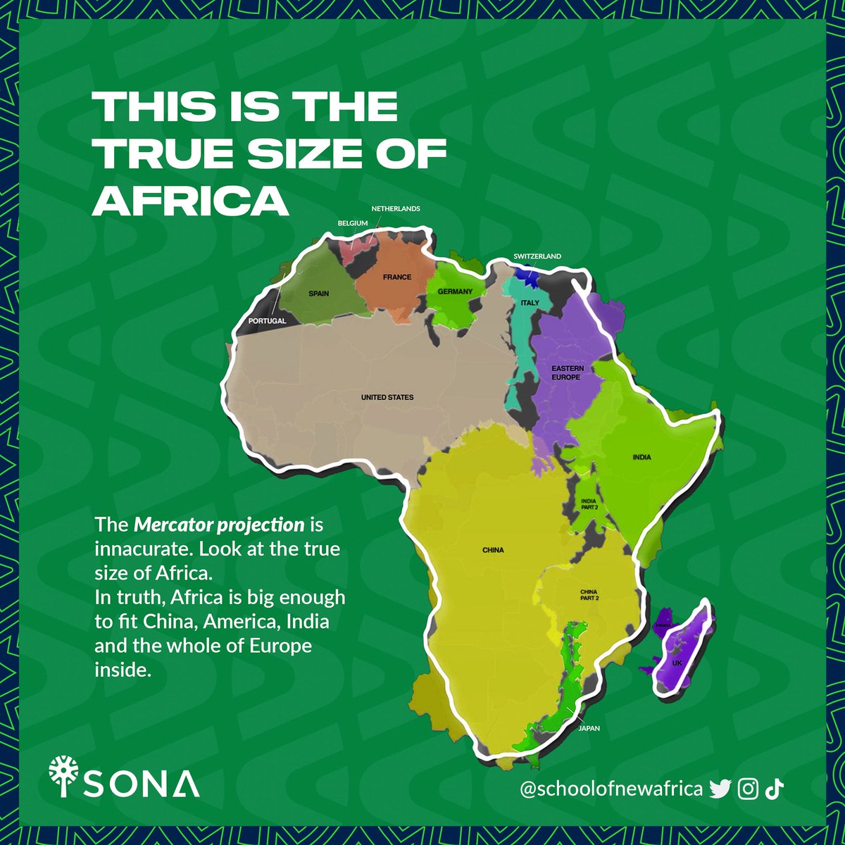 𝗠𝗲𝗿𝗰𝗮𝘁𝗼𝗿 𝗣𝗿𝗼𝗷𝗲𝗰𝘁𝗶𝗼𝗻 𝘃𝘀 𝗣𝗲𝘁𝗲𝗿𝘀 𝗣𝗿𝗼𝗷𝗲𝗰𝘁𝗶𝗼𝗻: 𝗧𝗵𝗲 𝗧𝗿𝘂𝗲 𝗦𝗶𝘇𝗲 𝗼𝗳 𝗔𝗳𝗿𝗶𝗰𝗮

The Mercator projection distorts the size of countries, making them appear larger or smaller than they actually are.