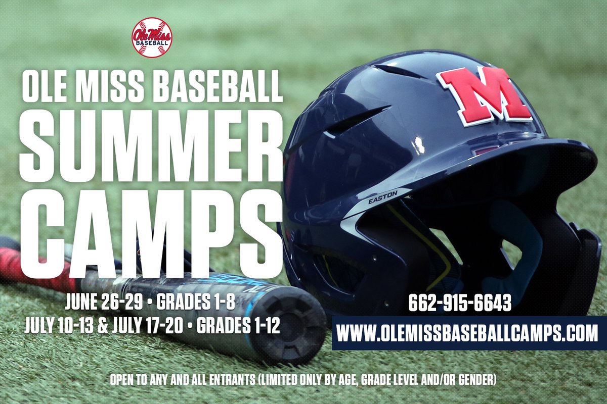 Registration is now open for #RebsBSB Summer Camps! 📅 Camp Dates: June 26-29 (Grades 1-8) July 10-13 (Grades 1-12) July 17-20 (Grades 1-12) For more information and to register: olemissbaseballcamps.com Questions: Contact Chris Cleary at cmcleary@olemiss.edu