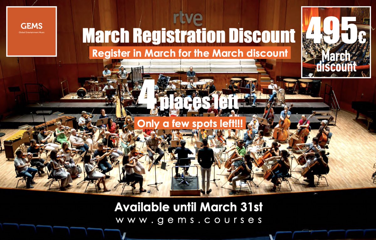 Gemsartists's tweet photo. GEMS EVENTS Film Scoring Summer Program Spain, 2023
Register in March for the discount. 
Only a few spots left!!! 
Available until March 31st, 2023
Register and deposit now to secure your place
#filmscore #composers #bandassonoras #filmscoring https://t.co/WW4NeaM247