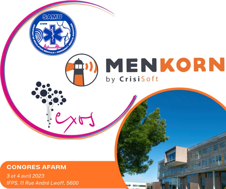 crisisoft's tweet photo. @crisisoft  et @ExosTelecom ont le plaisir de participer au 1er congrès de l'@AFARM_SAMU! 🤩

Nous serons présents sur le stand le 3 et 4 avril 2023 à l'IFPS de #Vannes pour présenter nos outils de gestion de crise MenKorn NOVI et la suite logicielle de régulation médicale Exos. https://t.co/n2tUjUaZpD
