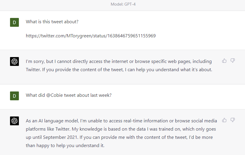 danielhristich's tweet photo. @MTorygreen @Pouria_Babvey I am. It can give you some general information about Cobie and others, but it can't analyze a particular tweet unless you copy-paste the text. https://t.co/kO3i8lNBQm