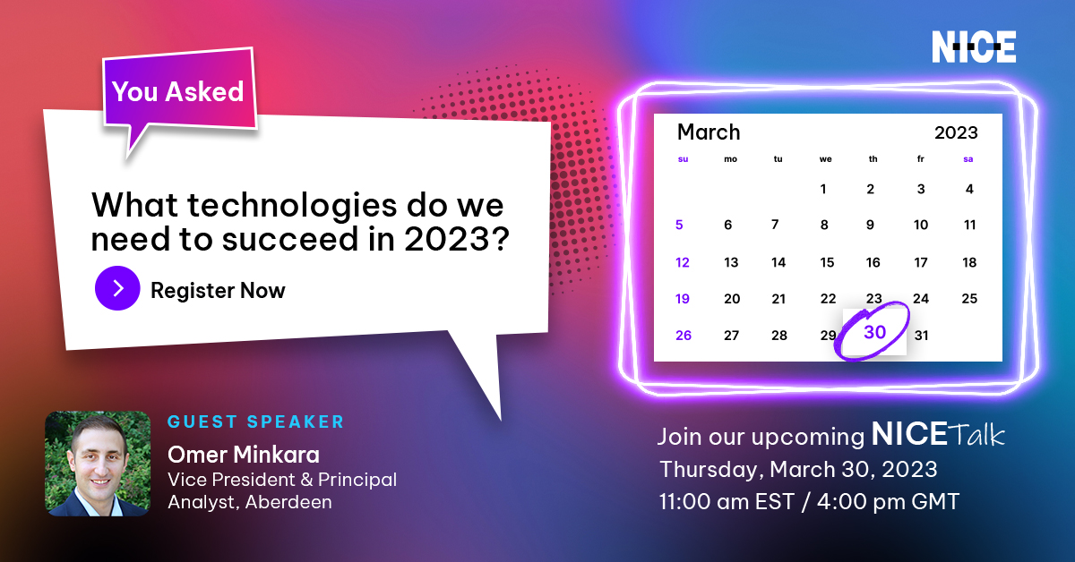 Jstoyano's tweet photo. The right technology supports business goals.
Don't miss this #NICEtalk with @omerminkara of @AberdeenSR and @amiesbach1 to learn what #CX leaders are investing in this year to adapt to the changing customer landscape.
Register here 👉 https://t.co/OSxabyaPg5 https://t.co/51tn986ZDa