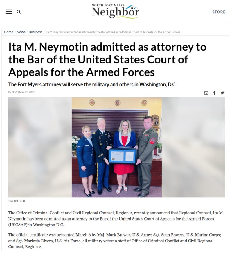 neymotin's tweet photo. I am so honored to be admitted as attorney to the Bar of the United States Court of Appeals for the Armed Forces and to receive a personal congratulatory letter from the USCAAF Chief Judge Kevin A. Ohlson.

Link to North Fort Myers Neighbor Article: https://t.co/YM9g50gXCD https://t.co/oEvk53BHRR