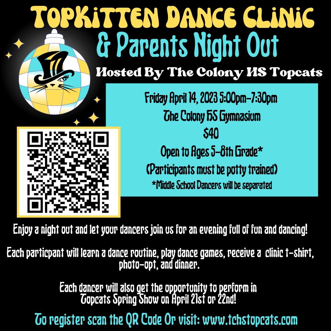 TCHS Topcats (@tchstopcats) on Twitter photo Sign up to come dance with us for an epic evening of fun!! 🪩✨ <a href="/TheColonyHS/">The Colony HS</a> <a href="/BBOwenES/">BB Owen Elementary</a> <a href="/Camey_ES/">Camey Elementary</a> <a href="/MorningsideES/">Morningside ES</a> <a href="/MemorialSTEM/">Memorial Elementary</a> <a href="/PetersColonyES/">Peters Colony ES</a> <a href="/EthridgeES/">Ethridge Elementary</a> Sign up to come dance with us for an epic evening of fun!! 🪩✨ <a href="/TheColonyHS/">The Colony HS</a> <a href="/BBOwenES/">BB Owen Elementary</a> <a href="/Camey_ES/">Camey Elementary</a> <a href="/MorningsideES/">Morningside ES</a> <a href="/MemorialSTEM/">Memorial Elementary</a> <a href="/PetersColonyES/">Peters Colony ES</a> <a href="/EthridgeES/">Ethridge Elementary</a>