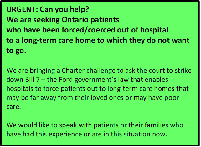 We (Ontario Health Coalition) &amp; <a href="/acelawyers/">ACE</a> plan to  seek a court order striking down Bill 7 for offending the Charter of Rights and Freedoms which protects Canadians against discrimination based on age &amp; requires protection of life, liberty &amp; the security of the person. cont'd>>