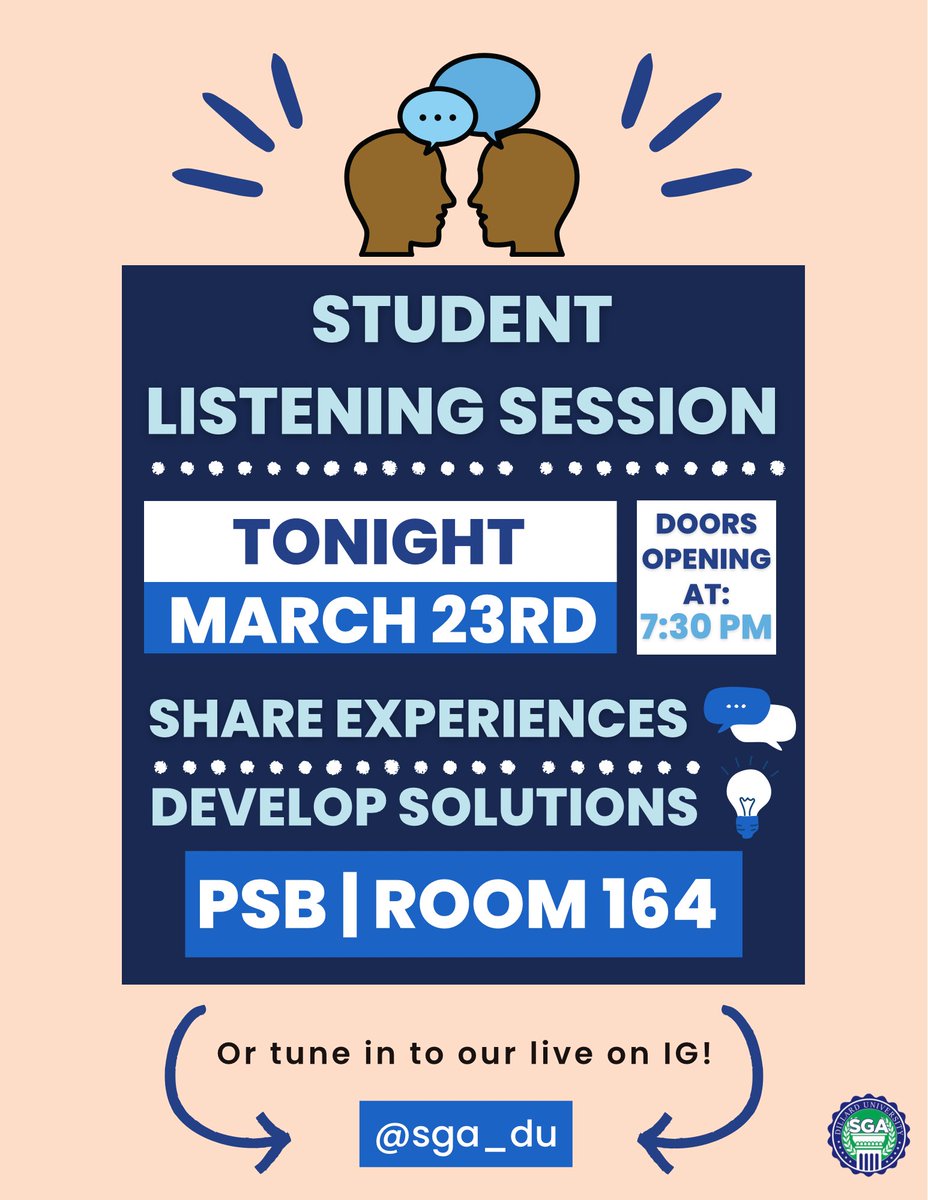 SGA will be hosting a student listening session at 7pm in PSB rm 164📍‼️

We welcome you all to join us and share your experiences so that we can collectively develop solutions to ensure a healthy wellbeing for Dillard students. 💙

#MyDU #du26 #du25 #du24 #du23