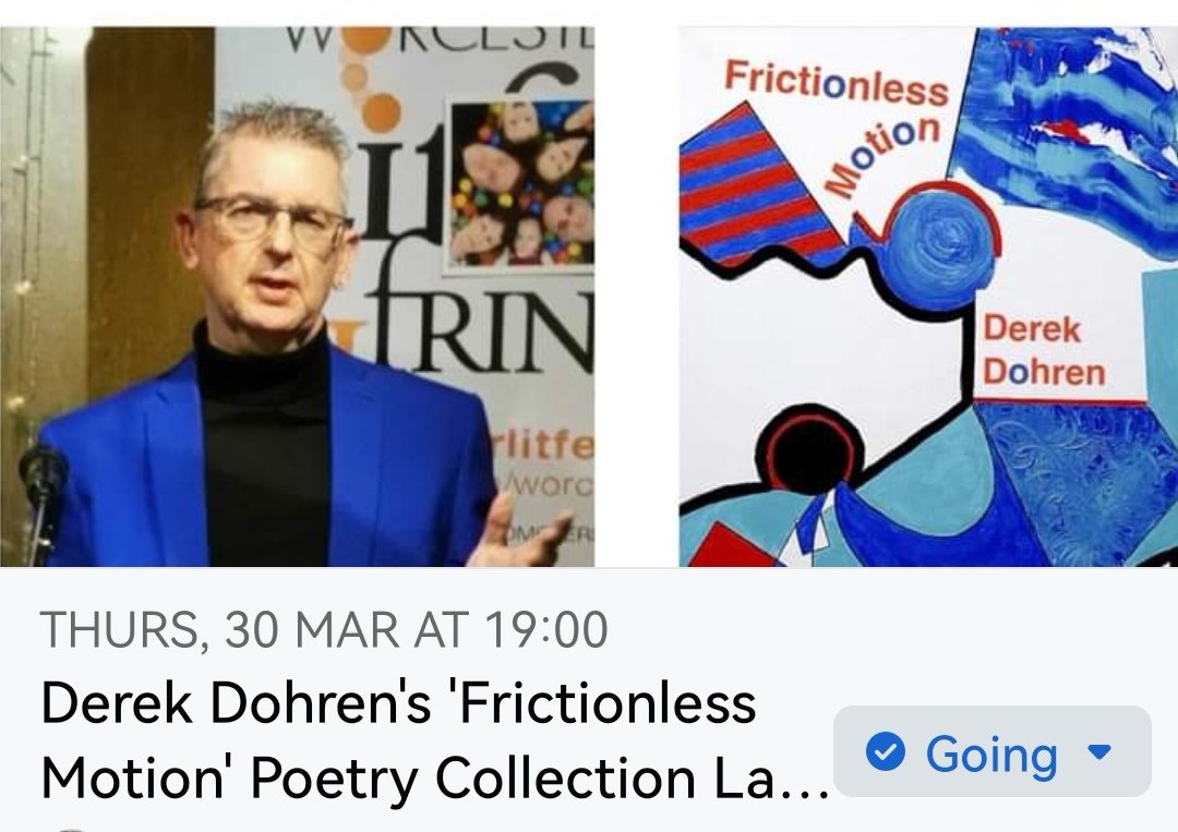 The fabulous @DerekDohren is launching his 3rd book 📙 Ross-on-Wye library on Thurs 30th March 7.00 - 9.00pm 'Frictionless Motion' is Dohren with a new flavour. 💙 Join us if you can. @GlosPoetSociety @GloPoeFest @Cheltpoetfest @Worcs_SpeakEasy @LyraFest