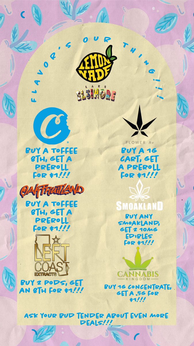 LemonnadeLakeE's tweet photo. Take a look! 👀 For today's BOGOs, We've got @cookiesglobal, @oakfruitland, and more!!! Ask your budtenders about a few extra deals too 🔥🍋 #LemonnadeLE #FlavorsOurThing🍋 #Cookie https://t.co/5LS8coLewf