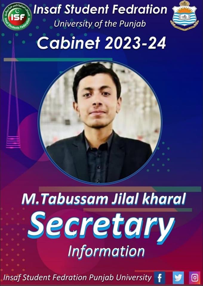 isf4official's tweet photo. President Insaf Students Federation Punjab University @WaseemAkramISF appointed M.Tabassum Jalal Kharal Secretary Information of ISF PU.
#Cabinet2023_24
#ISF #ISFPU #LongLiveISF https://t.co/QNYJhu6wHt