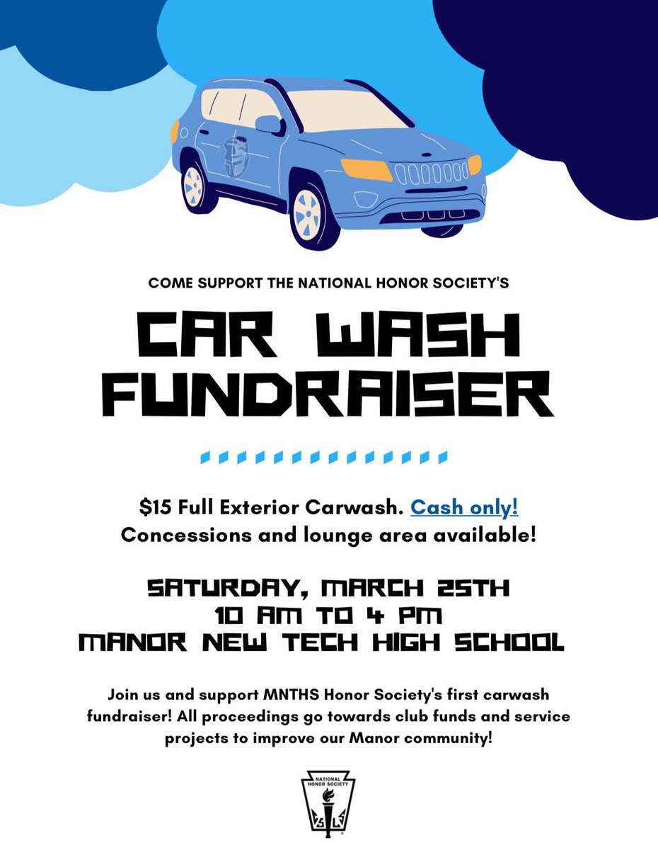 MNTHS Honor Society is having their first car wash fundraiser this Saturday, March 25th from 10 am to 4 pm! Come join us and support the NHS, more details below: