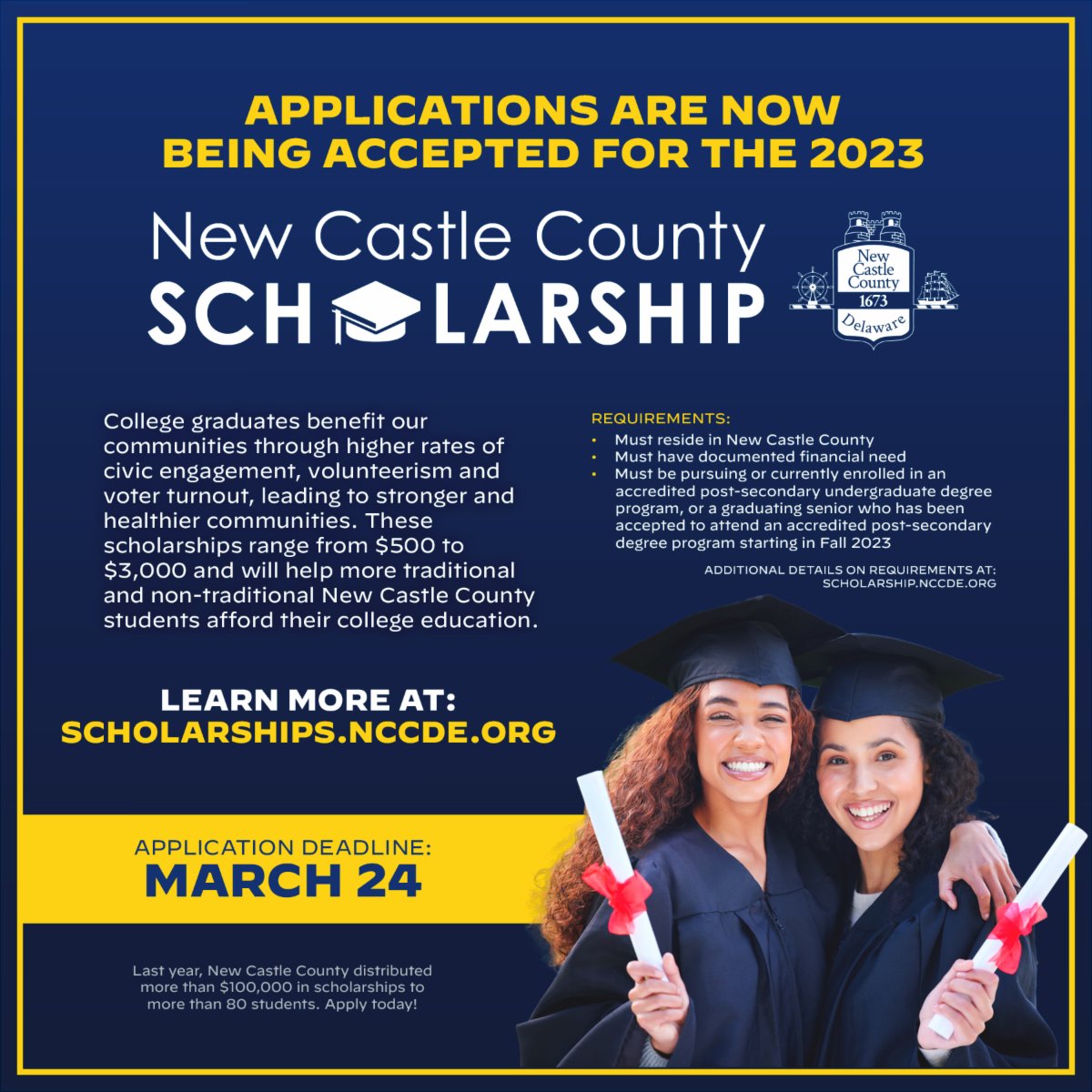 New Castle County is committed to supporting students pursuing undergraduate college degrees with scholarships to help defray their educational costs. The program is open to all New Castle County residents, both adult learners and high schools seniors. Apply Today!