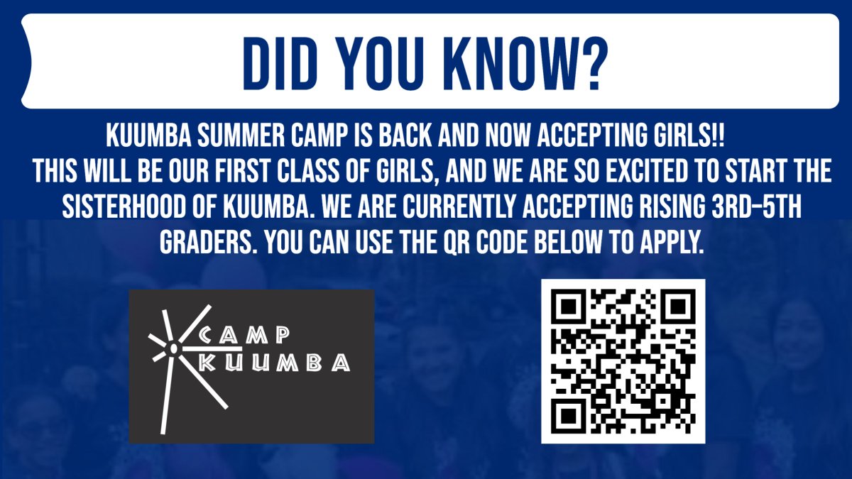 Apply using the QR Code below. We have some great things happening in our Free Kuumba Girls Summer Camp. A great staff and incredible experiences. You don't want to miss out!