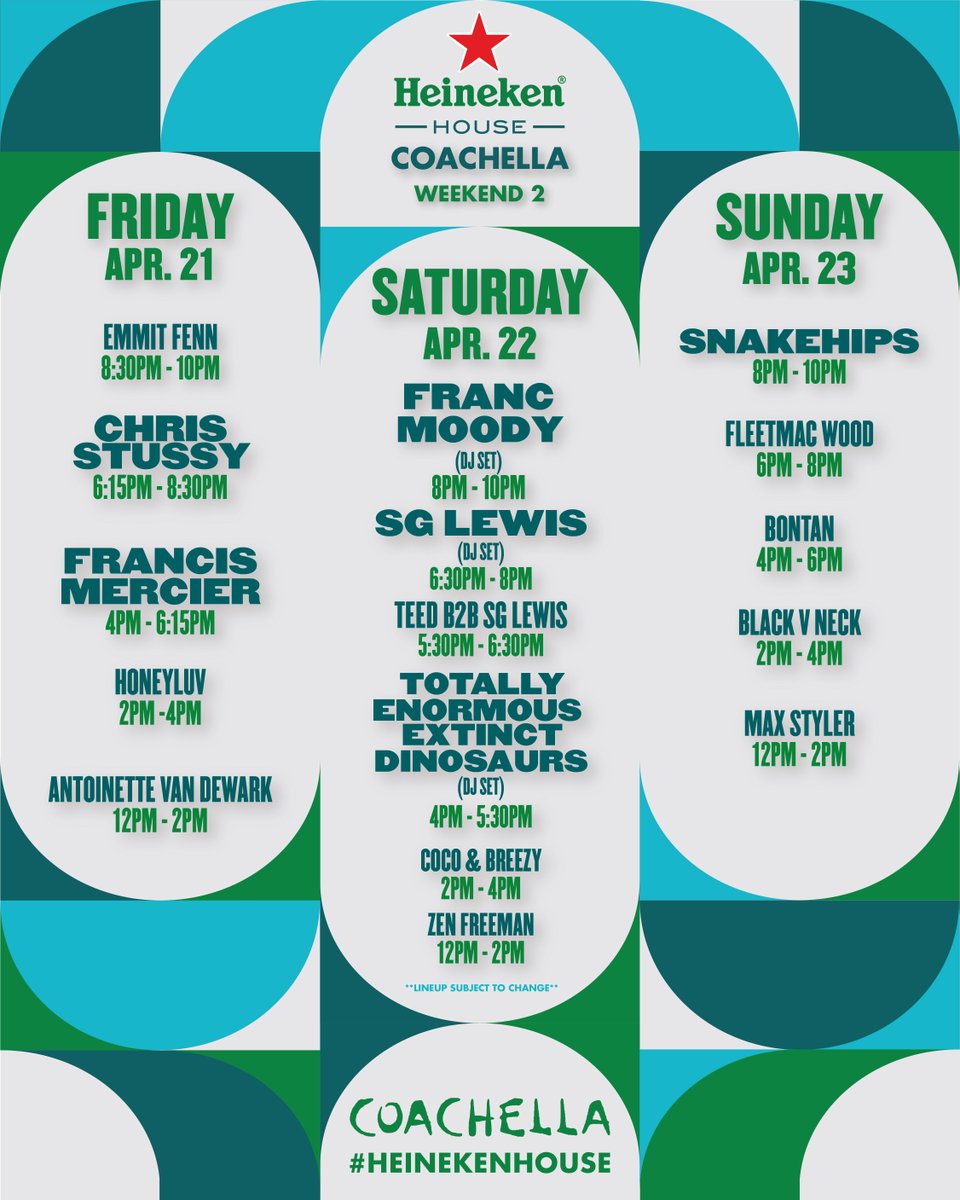 All of the hits, none of the misses. #allthetaste #nobitterendings  🍻 
Introducing the Heineken House 2023 Coachella Lineup. Who’s coming?