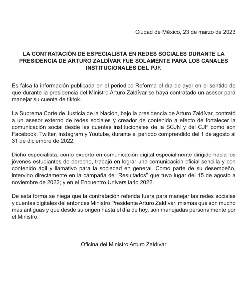 ArturoZaldivarL's tweet image. Es falso lo publicado por el periódico Reforma el día de ayer. No se contrató a ninguna persona para manejar mi cuenta de TikTok. Todas mis cuentas en RRSS las manejo personalmente, sin costo alguno para erario público.

arturozaldivar.com/wp-content/upl…