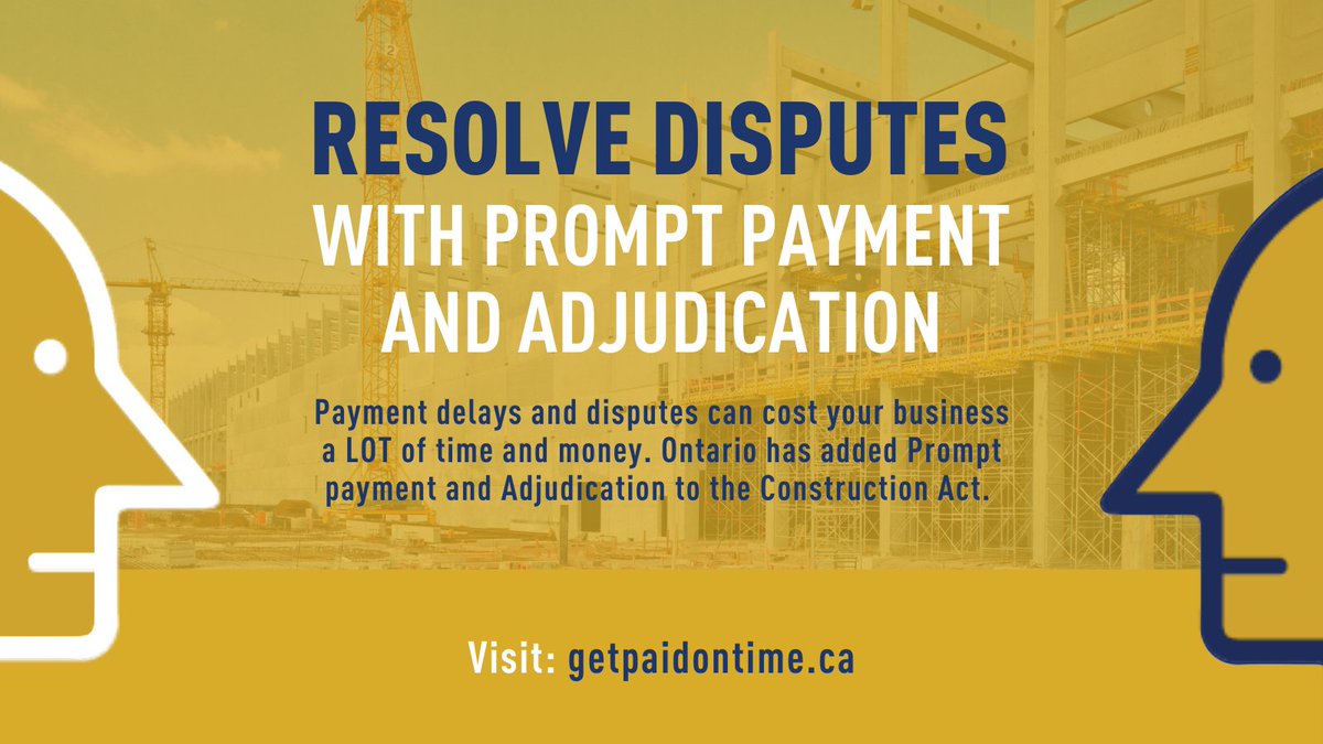 Protect your business and your bottom line with @ICIconstruction Prompt Payment and Adjudication 101 guide. Learn how to avoid payment delays and disputes and keep your business thriving. Learn more!

getpaidontime.ca

#COCA #PromptPayment #Adjudication #Ontario