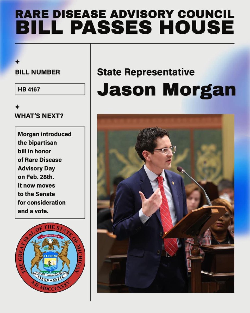 JasonMorganMI's tweet photo. Great news! Our legislation to create a Rare Disease Advisory Council passed the Michigan House of Representatives with broad bipartisan support! 

#raredisease #rdac #michiganhouse #repmorgan https://t.co/6LIpqoZVtV