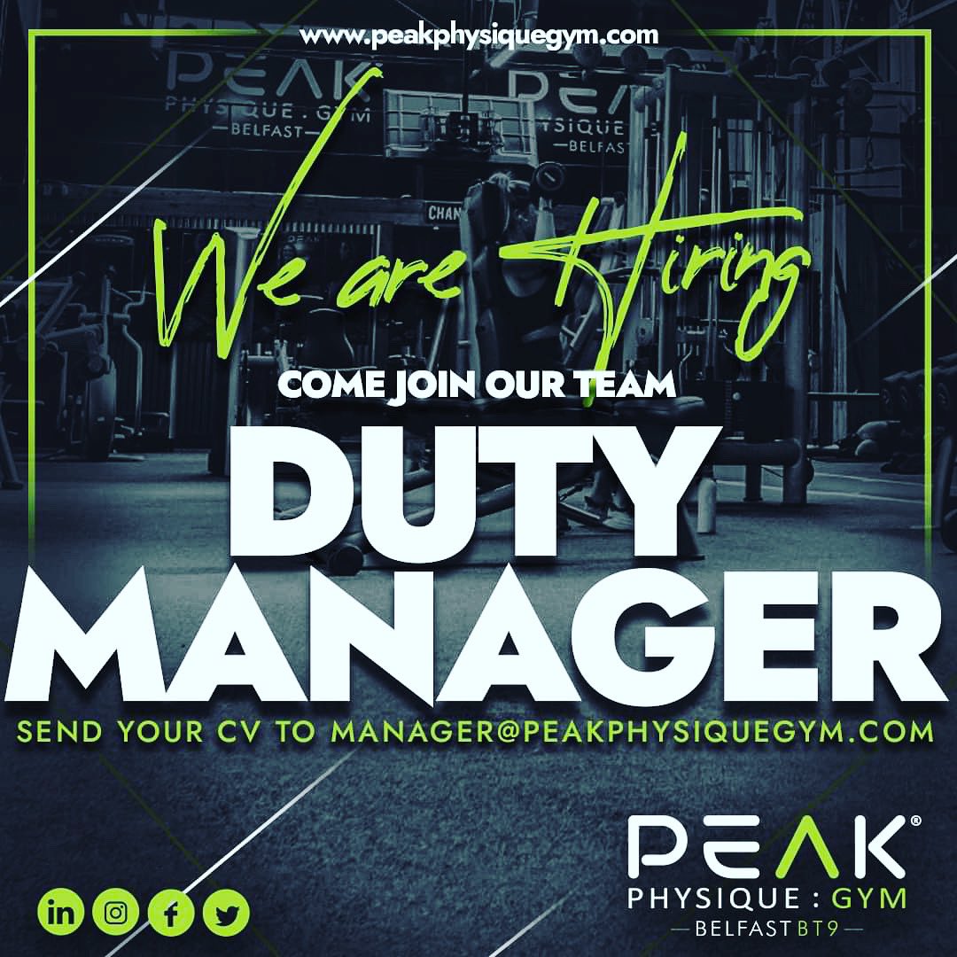 We are bulking up!

Come join the team at Peak Physique BT9 and take your fitness career to another level!

Send your cv to GM Seaneen at manager@peakphysiquegym.com

#peakPhysqiue #belfastjobs #gymlife #dutyManager #bt9 #fitness #hiring