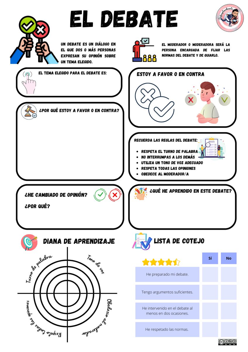 capitandocente's tweet photo. ☑️ Ficha para debates en clase. 

Os comparto la ficha que estoy utilizando para que mi alumnado organice y prepare los debates que llevamos a cabo en el aula. He añadido una pequeña autoevaluación. 

🔵 Drive: https://t.co/gvUwOBgINS

#claustrovirtual https://t.co/oyz5aH0U1N