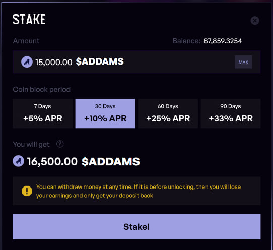 💎Contract = 0x9F55c34dC4b00659d70BEa02769BaE51b0C341fc

25 MARCH
⚡️Get ready to the start of staking! Get your $ADDAMS tokens today and be ready to stake them. 
💰Stake for longer period = get higher APR.
wednesday-nft.com/staking

#addams #wednesday #wednesdaynft #pinksale #crew3