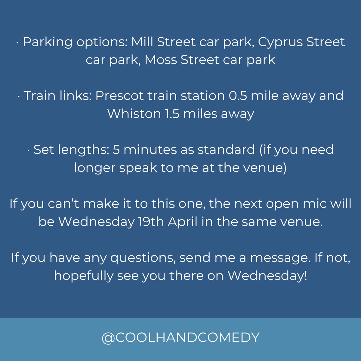 CoolHandComedy's tweet photo. Hey everyone, just a quick reminder about the new open mic next week in Prescot and a few details if you are planning on coming along.
It’s at The Mermaid Tavern in Prescot on Wednesday 29th March and sign up is at 6.30. DM me if you’re heading over for numbers please. https://t.co/Kty0wSlh80