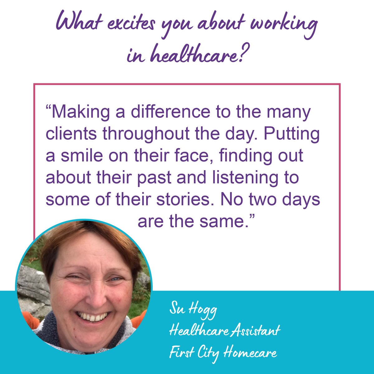 'Making a difference to the many clients throughout the day' - thank you for sharing your thoughts with us Su!

If you'd like to share your #firstcitystory please email charlotteg@firstcitygroup.co.uk 

#careerincare #carework #firstcityjourney #healthcarejourney #healthcare