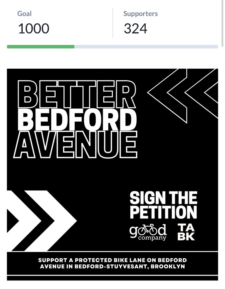 KathyParkPrice's tweet photo. Weโre so close to the original starting goal of 500 signatures in the first 24 hours of the petition that we just raised the bar to 1,000. And we havenโt even started flyering and canvassing in person yet! Reach out to GoodCo and/or #TABK to volunteer: brooklyn@transalt.org https://t.co/WA0InVNArH