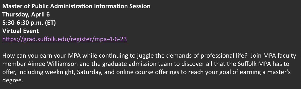 If you are interested in an MPA, don't miss out on a virtual information session on the program offered by our friends at Suffolk University! 
grad.suffolk.edu/register/mpa-4…