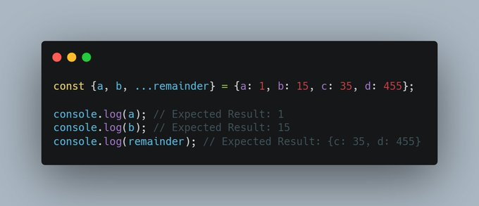 lpwjoel's tweet photo. Javascript - Object Destructuring Assignment

#javascript #programming #coding #programmer #webdeveloper #webdevelopment #softwaredeveloper #software #codinglife #frontend #softwareengineer #web #js #dev #developerlife #programmerlife #techtwitter #techwritter #techwritter https://t.co/Go5ot6QZrJ