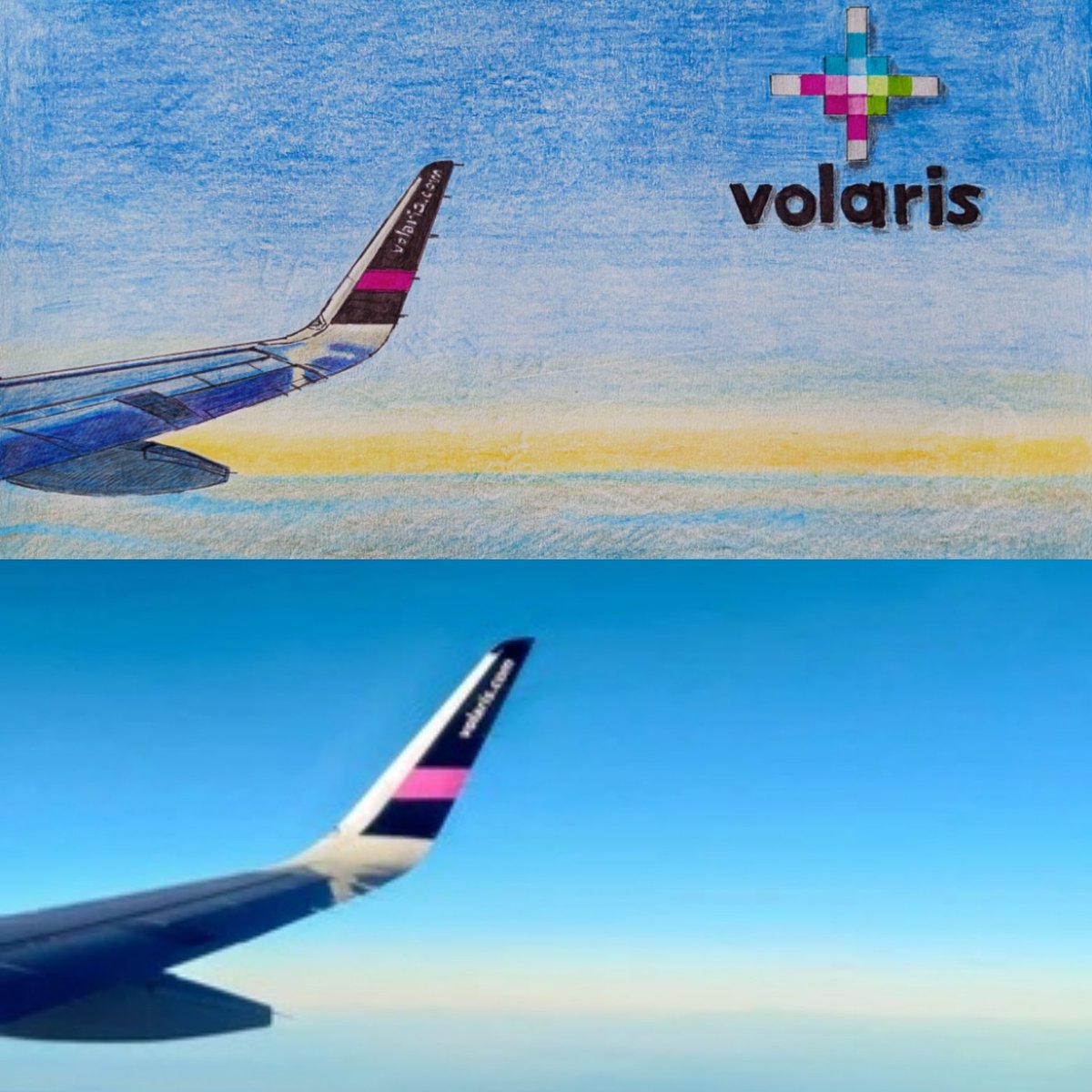 AircraftBy's tweet image. My drawing vs real photo:
@flyvolaris @viajaVolaris 🥰🇲🇽
Drawn with their nice logo. 💜 #VolarisAirlines #flyVolaris
#viajaVolaris #volaris #VolarisMexico #drawing #MexicoTravel #wingview #windowview #wings #sky #traveling #airline #Motivation #motivational