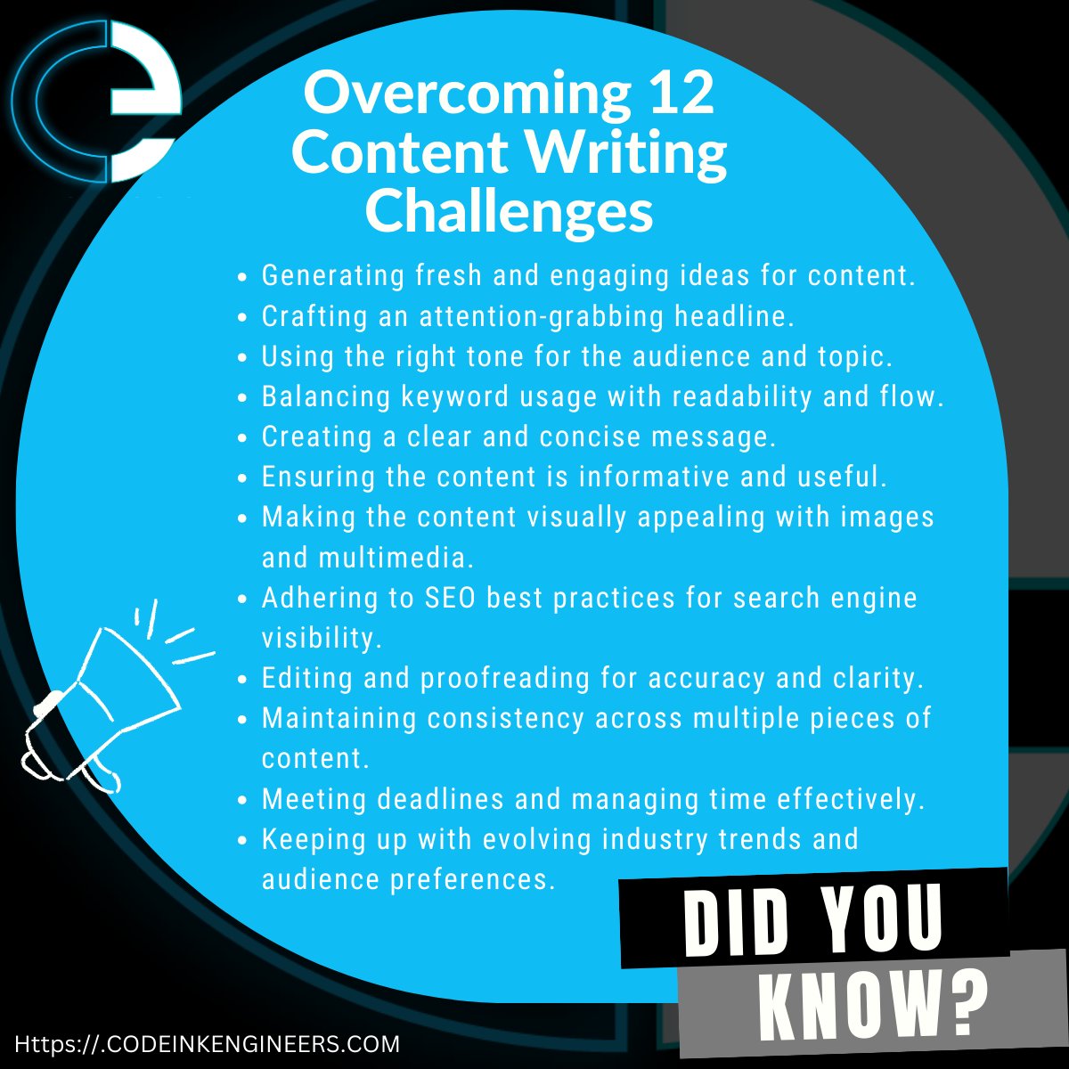 codeink_eng's tweet image. Are you facing #contentwriting challenges and #struggling to come up with #fresh and #engaging #ideas for your #copywriting? Crafting a compelling #headline and striking the right tone for your #audience can also be difficult. But don't worry, here are #solutions !