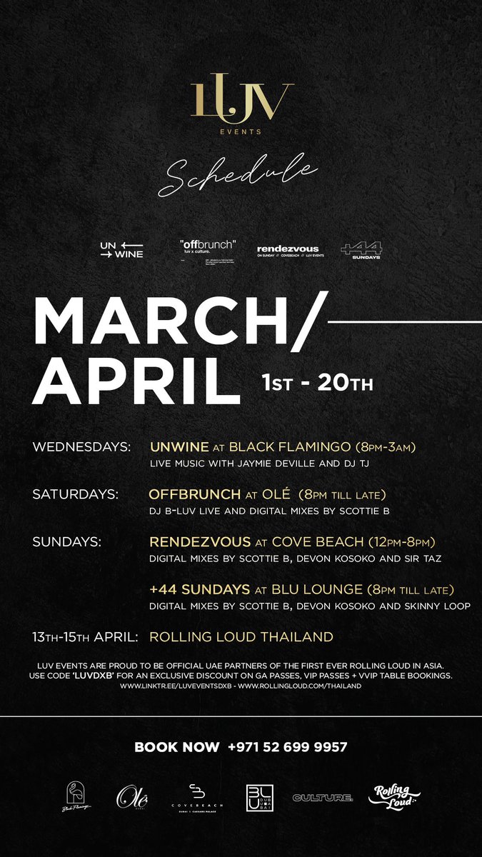 LUV Events March / April 1st-20th Schedule 💛

+971 52 699 9957

linktr.ee/luveventsdxb