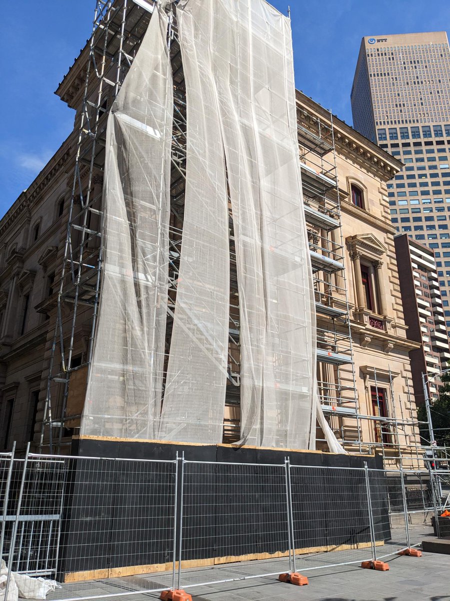 OldTreasuryMelb's tweet photo. Great timing for International #DayForAchievers, with our scaffolding coming down and revealing JJ Clark's extraordinary Old Treasury! Over 6 decades, JJ designed Geelong Customs House, Melbourne's Mint, Brisbane Casino and Auckland Town Hall among many others! https://t.co/0iUNA63WK6