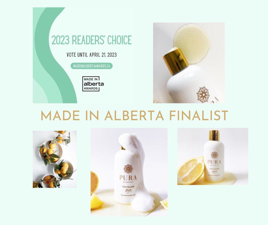 We are thrilled to announce that PURA's Yuzu Melange Body Wash was chosen to be a FINALIST in the 2023 Made in Alberta Awards for the Beauty category.  
 
The READER'S CHOICE VOTING is now open. It would mean so much if you could help us by voting here: madeinalbertaawards.ca/readers-choice…