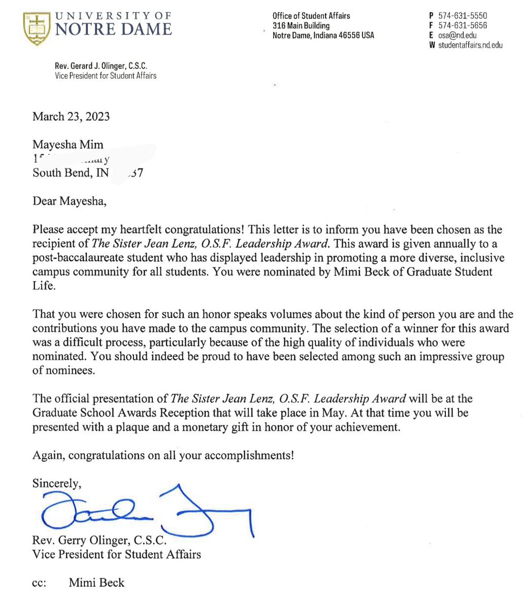 I am honored to have received the Sister Jean Lenz, O.S.F. Leadership Award presented by the Division of Student Affairs and Student Activities Office at Notre Dame.

Thankful to Mimi Beck for nominating and Emily Orsini for support. Thank you, Fr. Gerry and SAO for the award!