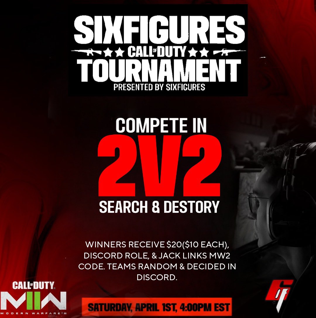 6F Carolina (@6fcarolina) on Twitter photo 6F Carolina 2v2 Tournament
To Enter:
✅ Follow <a href="/SIXF1GURES/">Loading...</a> & <a href="/6FCarolina/">6F Carolina</a>
✅Like and Retweet
✅ Tag two friends
✅ join our cord: discord.gg/ChUHzBeQ
•Prizes: 1st place - 20$ ($10 each per winner), a special role in the server, and one Jack Links MWII code. 6F Carolina 2v2 Tournament
To Enter:
✅ Follow <a href="/SIXF1GURES/">Loading...</a> & <a href="/6FCarolina/">6F Carolina</a>
✅Like and Retweet
✅ Tag two friends
✅ join our cord: discord.gg/ChUHzBeQ
•Prizes: 1st place - 20$ ($10 each per winner), a special role in the server, and one Jack Links MWII code.
