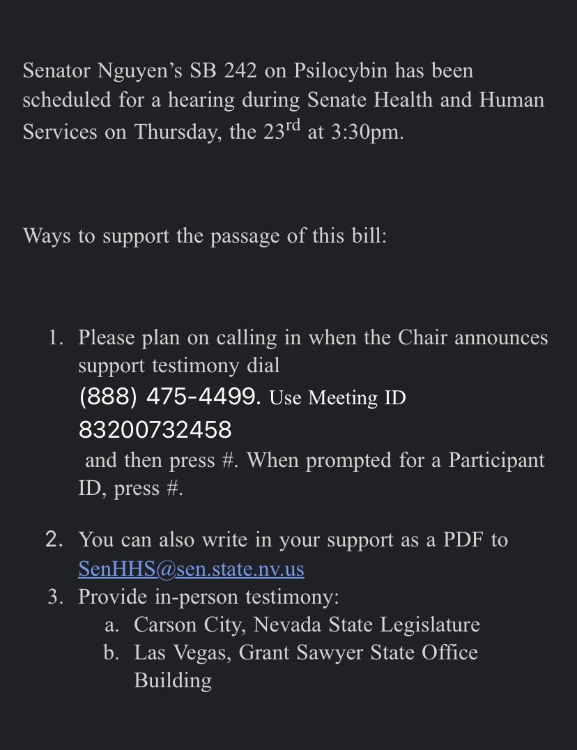 Nevada Psychedelics legislative measure is on the docket today!

Psychedelics Anonymous please show support! 🍄