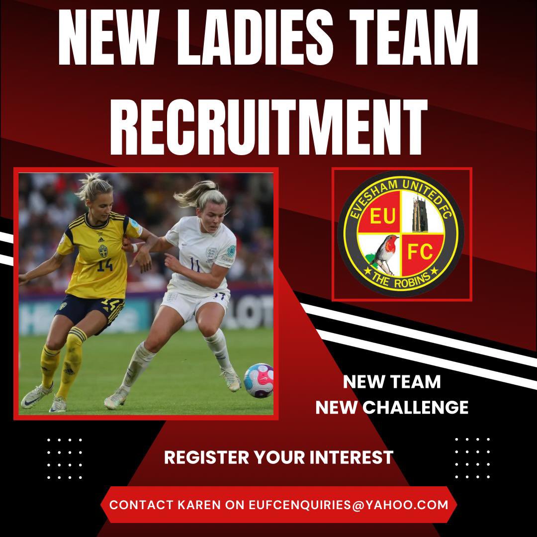🚨 LADIES TEAM RECRUITMENT

We at Evesham United are looking for ambitious ladies to join the club for our new ladies team. 

This is a fantastic opportunity for all the ladies out there so if you fancy a new team or challenge contact us for more details ⚽️

#TheRobins