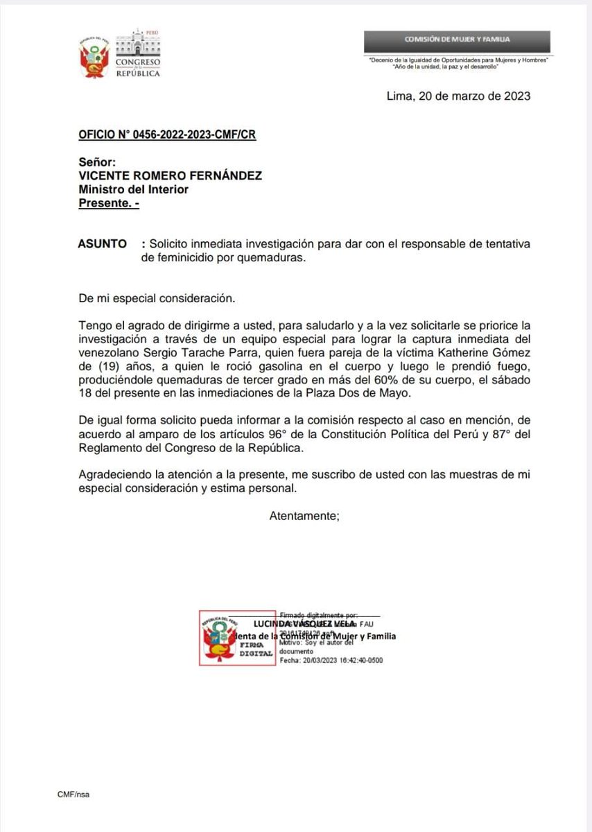 mujer_comision's tweet photo. ✅ #Justicia | Para Katherine Gómez a quien tiene el 60% de su cuerpo con quemaduras de tercer grado. 
✅ Desde la Comisión de Mujer y Familia, exigimos justicia y las investigaciones a la @Fiscalia y  la pronta captura del sujeto a la @PoliciaPeru @Politica_LR
#NoEstasSola https://t.co/EUAXN46EAc