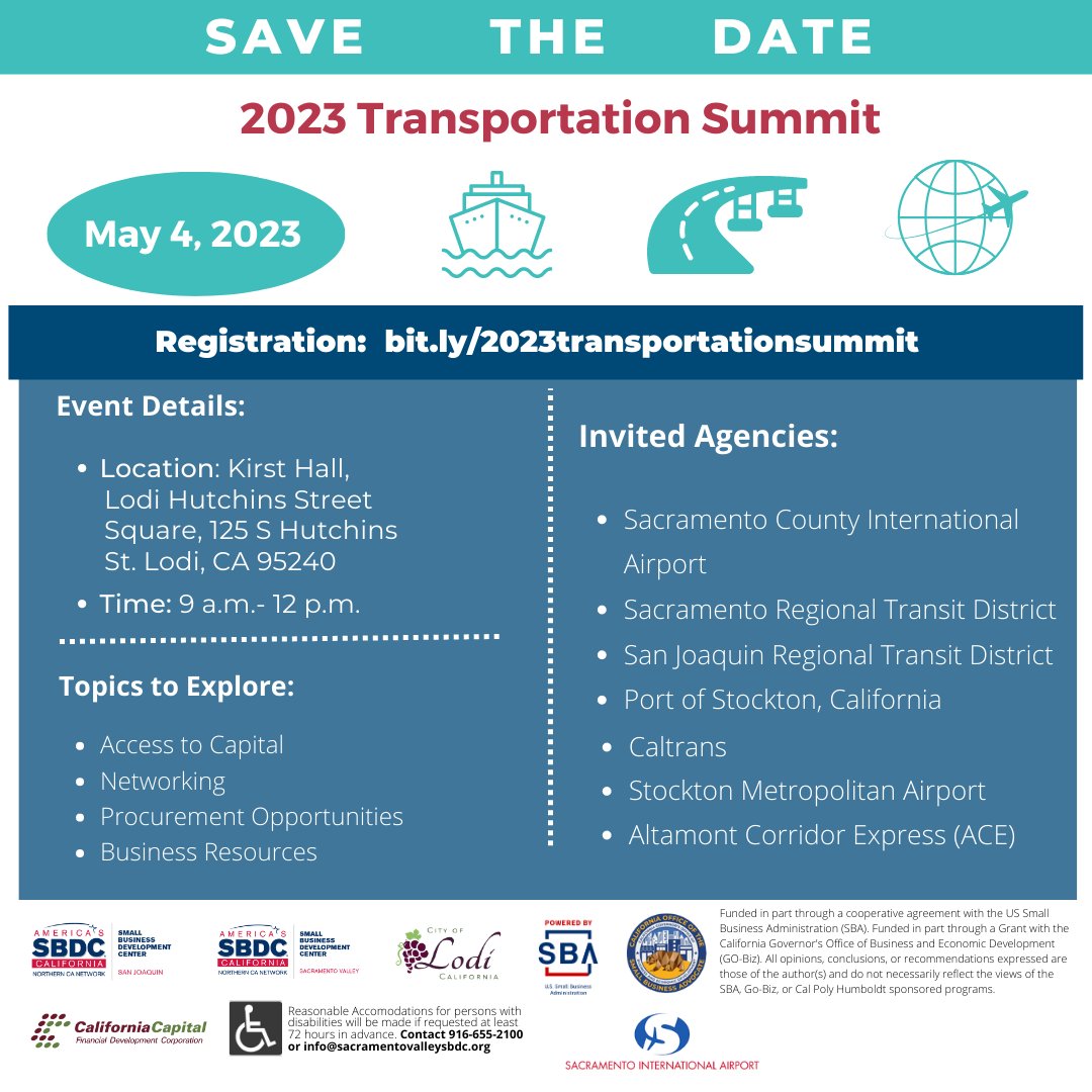 All business owners are invited to attend the May 4th Transportation Summit we are hosting in conjunction with the San Joaquin SBDC!

This event will help provide connection opportunities between local business owners and regional transportation agencies. bit.ly/2023transporta…
