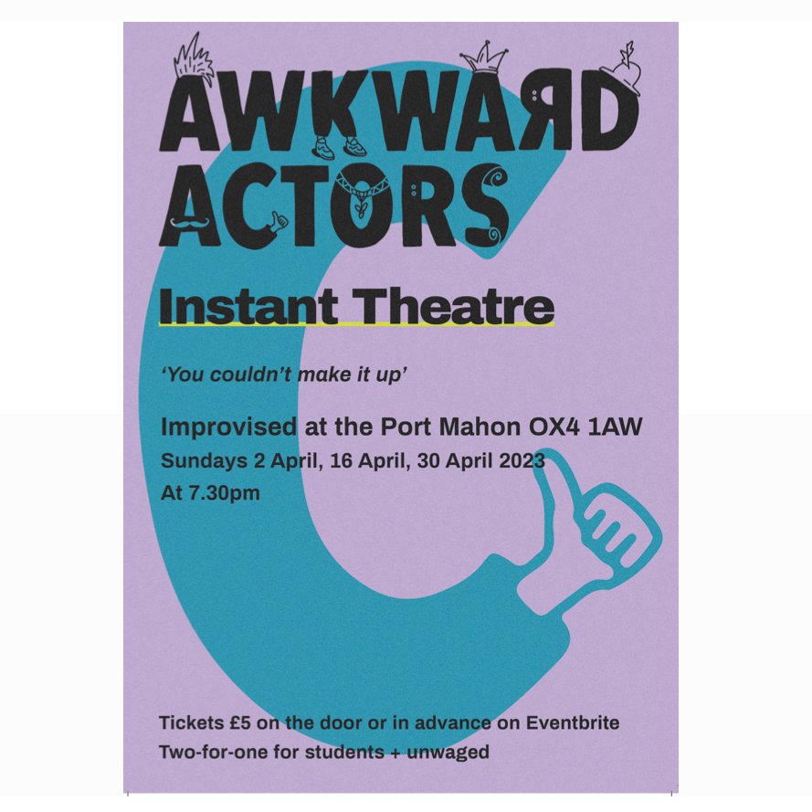 awkward_actors's tweet photo. Awkward Actors Live Shows! 

Come see our Improvised Comedy Show at the Port Mahon at 7:30pm on the 2nd, 16th and 30th April 2023.

Tickets: £5 on the door, 2for1(students and unwaged) or in advance on Eventbrite.

 @portmahon_ox # improv #comedy #oxford #portmahon https://t.co/j8mikGLPDH