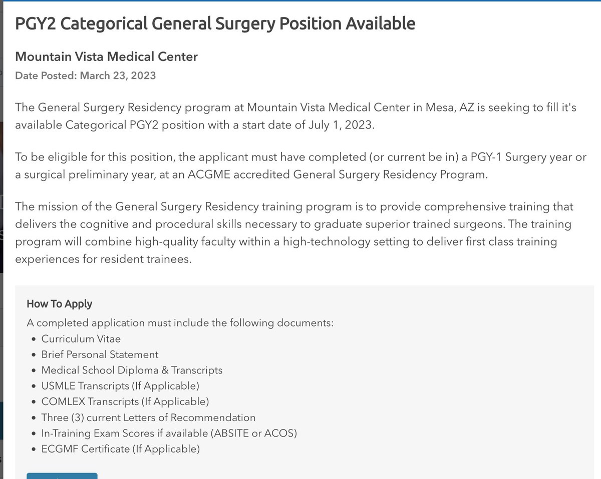 PGY-2 Categorical #GeneralSurgery Open Position 
Mountain Vista Medical Center,  Mesa, AZ
Posted: March 23, 2023
Start:  July 1, 2023
apds.org/education-care…

#InsideTheMatch