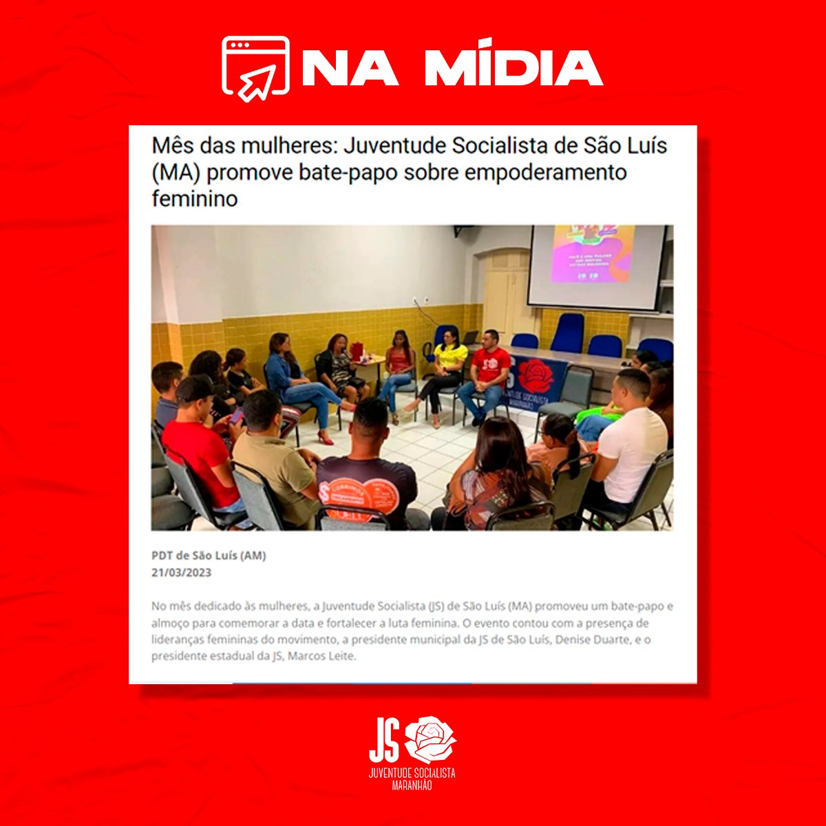 jspdtma's tweet photo. NA MÍDIA 💻

A JS foi destaque no site do @PDT_Nacional após promover um incrível bate-papo e almoço para comemorar o mês das mulheres e fortalecer ainda mais a luta feminina. O evento contou com a presença de grandes lideranças femininas do partido.

#JSPDTMaranhão #MêsDaMulher https://t.co/GWu1WWOGTo