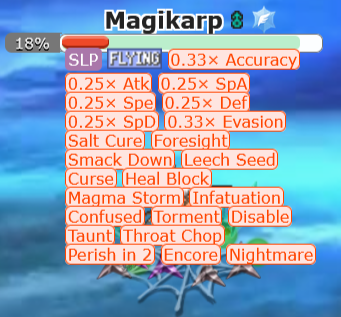 asleep, 0.33x accuracy, 0.25x attack, 0.25x special attack, 0.25x speed, 0.25x defense, 0.25x special defense, 0.33x evasion, salt cure, foresight, smackdown, leech seed, curse, heal block, magma storm, infatuation, confused, torment, disable, taunt, throat chop, perish in 2, encore, nightmare
