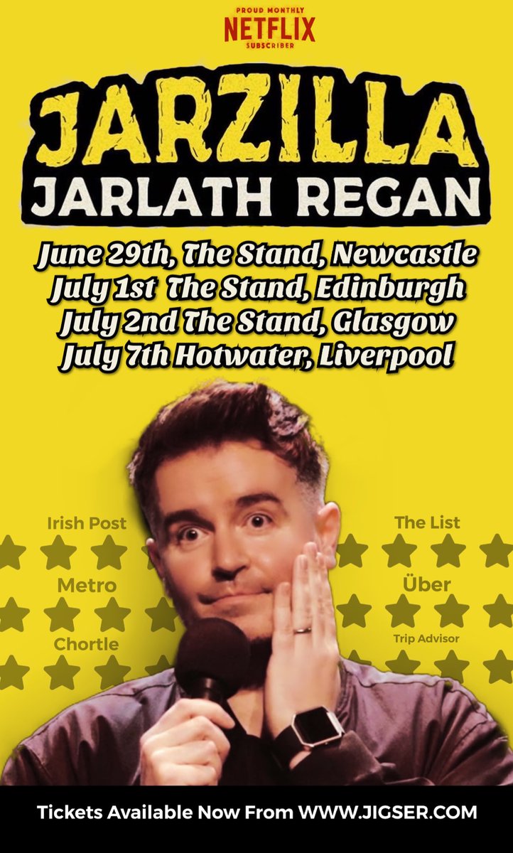 Jarlath's tweet photo. Newcastle, Liverpool, Glasgow, Edinburgh! Let’s do this! Yikes available tomorrow at 10am!
#jarzilla #comedy #tour #irishmanabroad
https://t.co/xYxHsPFfDz https://t.co/bfS04Vu241